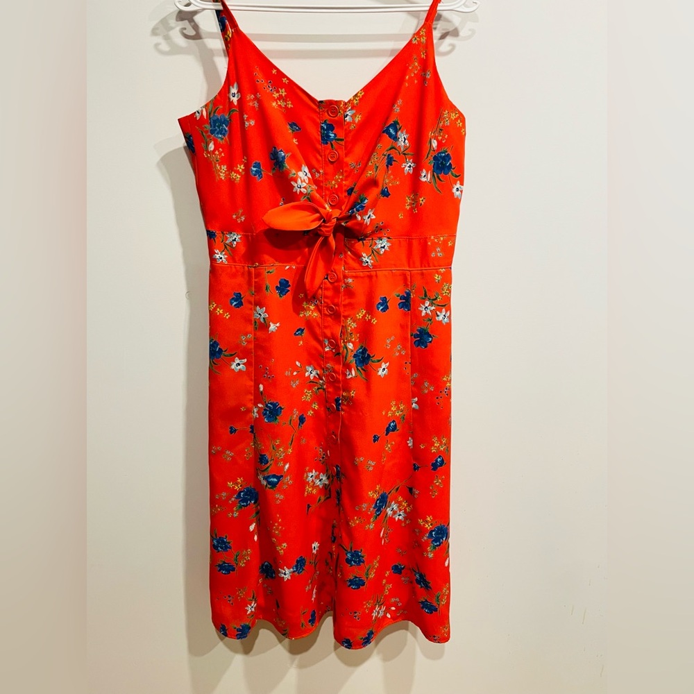 Vibrant Red Dress with Blue Floral Accents
